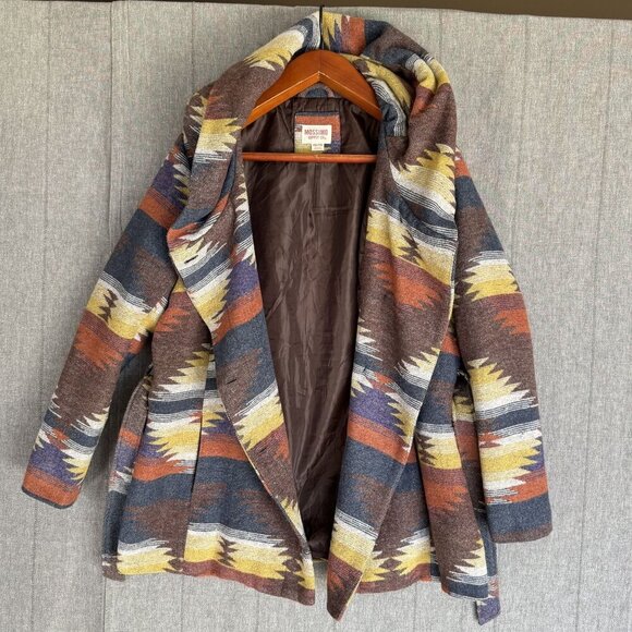Vintage Y2K Mossimo Supply Co Aztec Print Hooded Shawl Collar Belted Coat - Picture 4 of 12